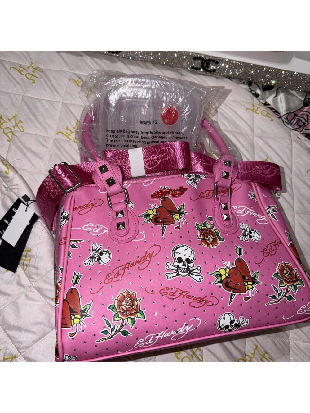 Ed Hardy Pink Skull & Rose Tattoo Print Crossbody Lunch Bag w/ container NWT